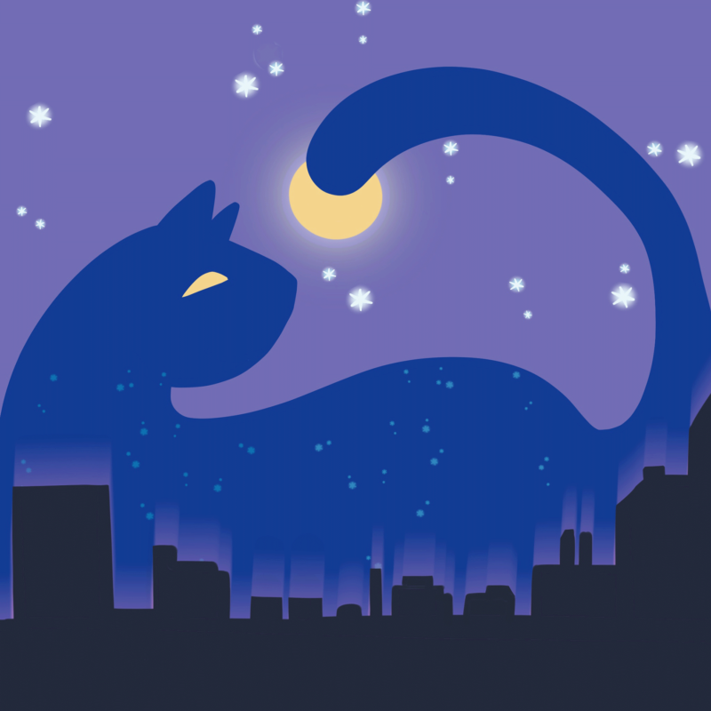 Stiliserad stadssilhuett mot stjärnhimmel, en form som en katt med svansen upp i månen syns bakom husen.