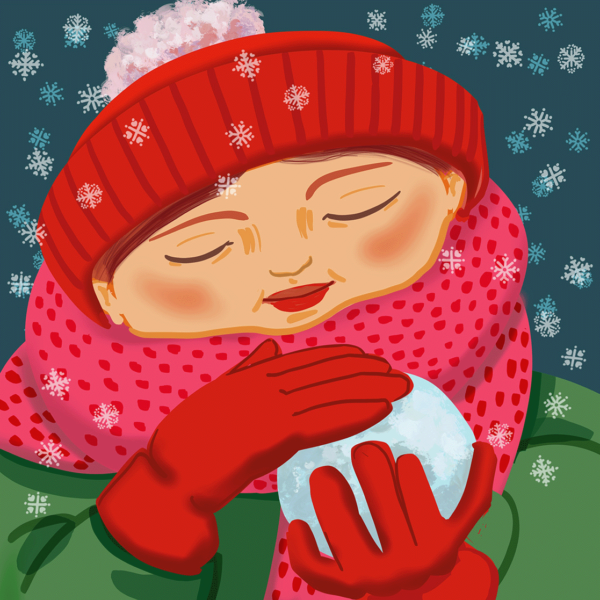 Vinter och lätt snöfall, rödklädd kvinna som kramar en snöboll.