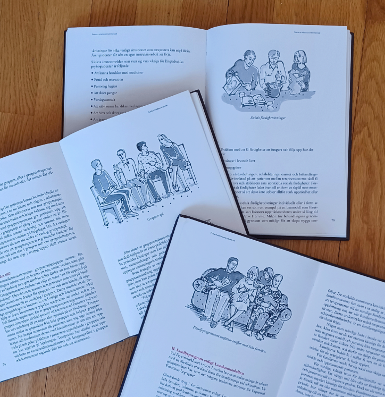 Illustrationer som föreställer gruppsamtal, familjesamtal och aktiviteter i samband med behandling av schizofreni. Små gråskalebilder för att lätta upp textmassan.