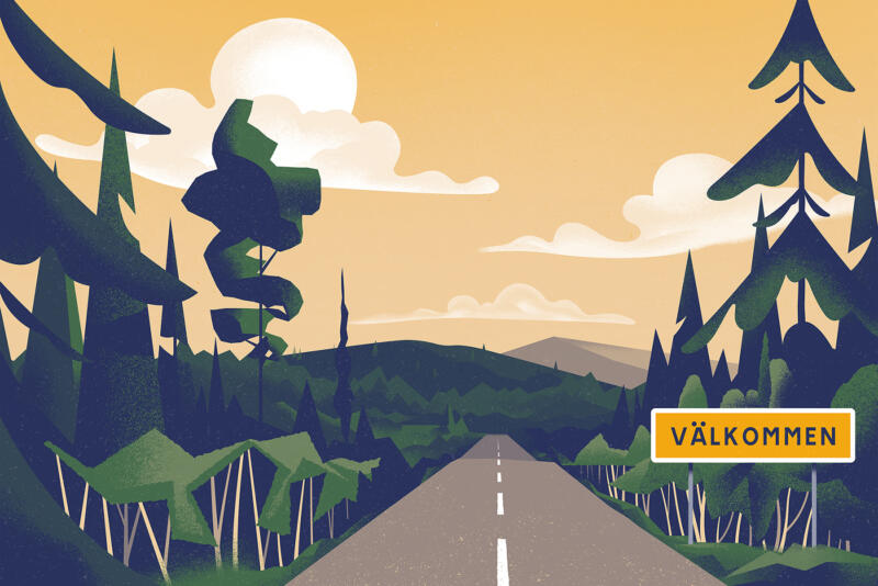 Picture of a stylized illustrated landscape with a road leading into the wilderness and a roadsign exclaiming the word "välkommen" - Swedish for "welcome".