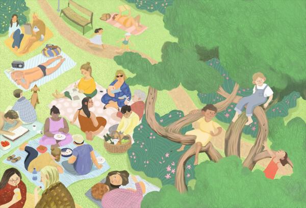 illustratörcentrum kataloguppslag,  ett grönområde/ park där människor sitter på filtar. Barn leker i träden och det är försommar.