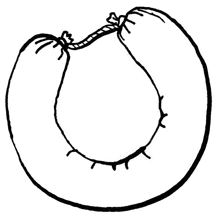 En tecknad svartvit bild i tusch föreställande en rund falukorv.