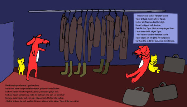 En illustration där man ser tiger och farbror taxen sitta inne i en mörk garderob full av kläder och väskor.