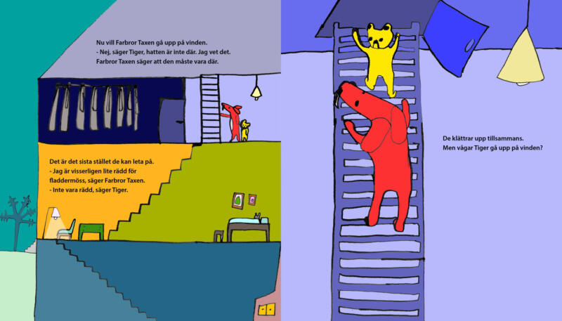 En illustration där man ser en genomskärning av ett hus och tiger och taxen klättrar upp för en stege.