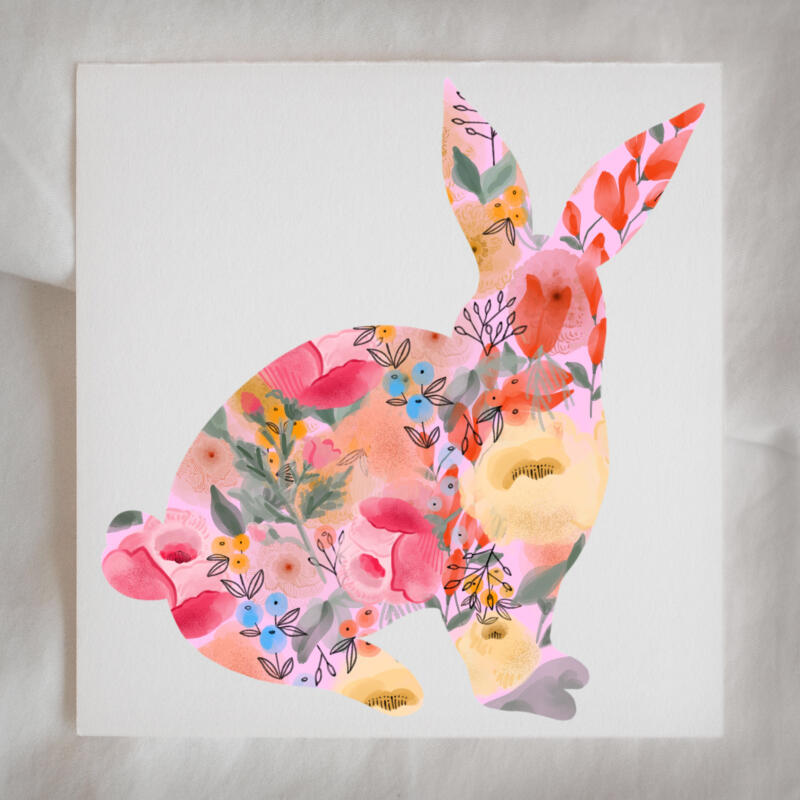 Blommor målade i akvarell föreställande en söt kanin