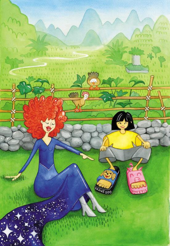 Akvarellmålning av karaktärerna Gingerella och Linh i barnboken The lost sandal