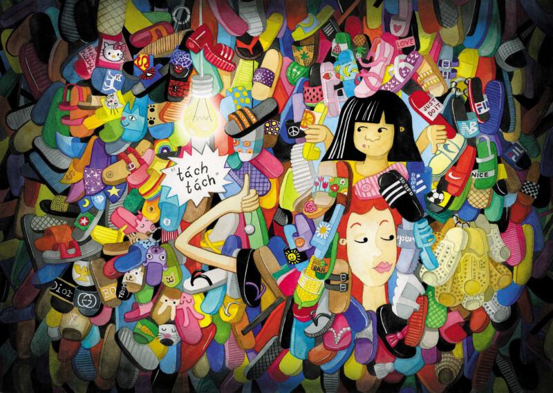 Akvarellmålning av Linh och Gingerella som tänder glödlampan och tittar i mörkret på sandaler i barnboken The lost sandal