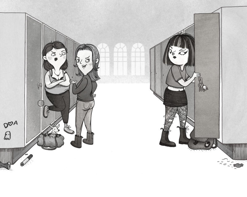 Svartvit illustration av ungdomar i en skolkorridor