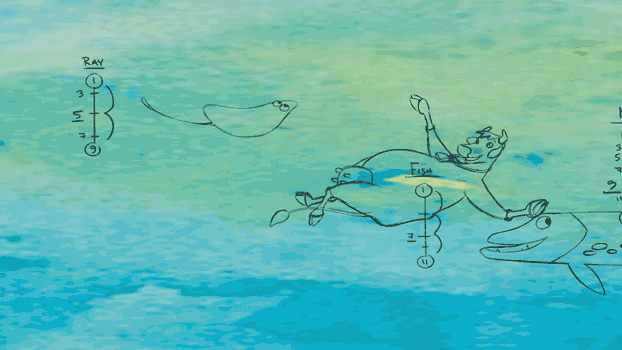 Skissig animation från Mamma Mu hittar hem. Mamma Mu simmar under vatten, fiskar simmar förbi