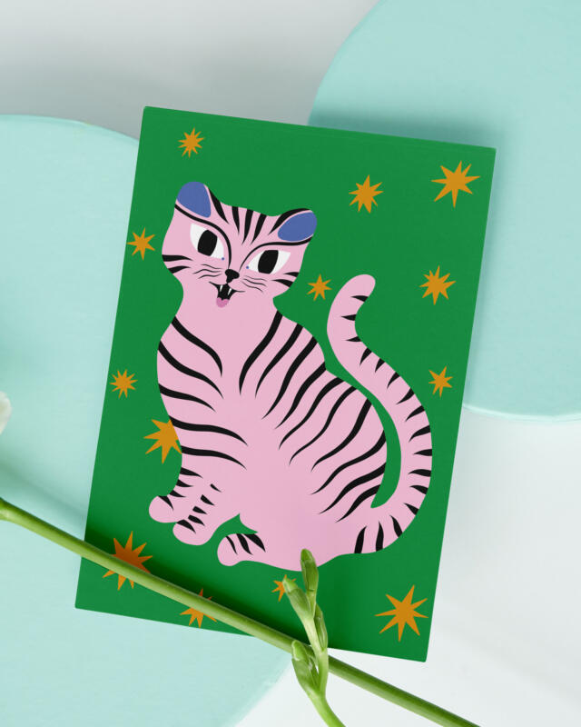 Greeting card colourful tiger with stars Hannele Fernström