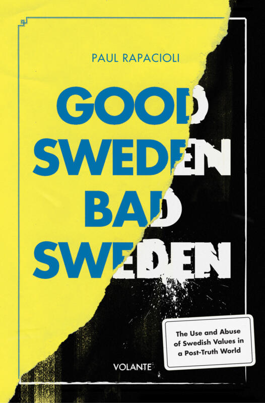 Riven bokframsida med texten Good Sweden Bad Sweden mot gult och svart. Den svarta ytan är sliten medan den gula är fin