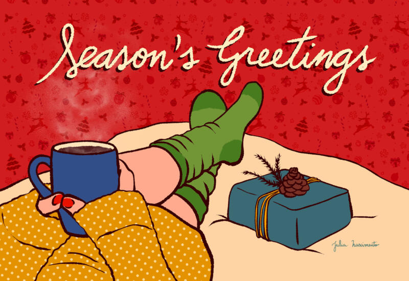 Färgad illustration som visar ord Season's Greetings och den nedre halvan av en person som kopplar av med en kopp te och en inslagen present