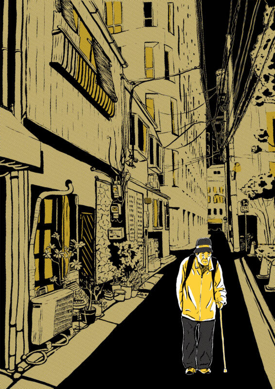 Färgad illustration av en gammal man som går ensam på en bostadsgata i Tokyo i gryningen.