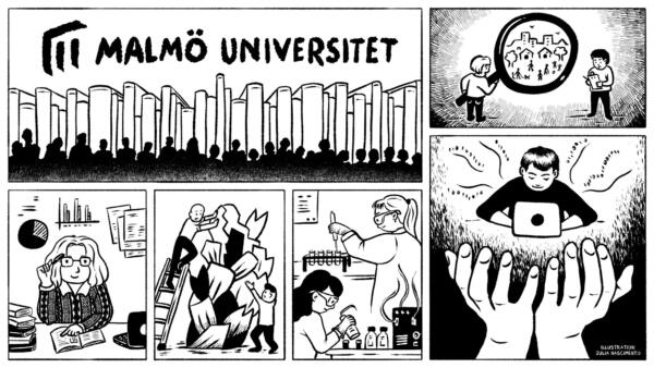 Svartvit seriesida om Malmö universitets forskning