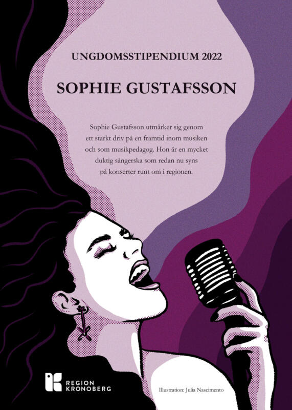 Färgad illustration av en kvinna som blundar medan hon sjunger och håller en mikrofon