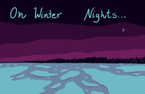 Färgad tecknade serier av en delvis frusen sjö på natten med titel On Winter Nights högst upp