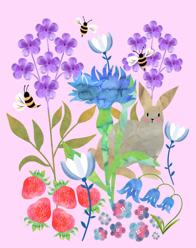 Akvarell illustration av en vårlig äng med blommor, bin och en kanin. Passar för mönster och print design på barnkläder, pappersprodukter och textilier. 