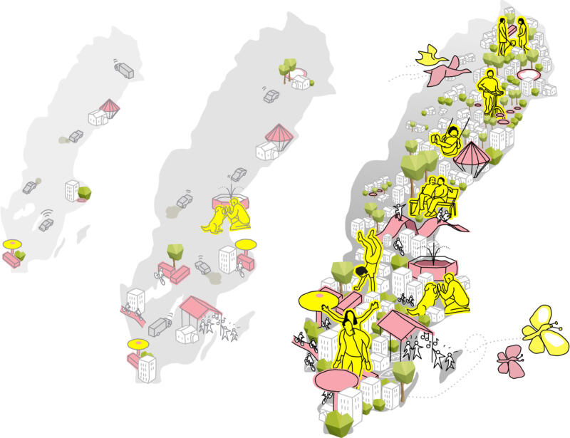 Sverigekarta, hus, levande städer