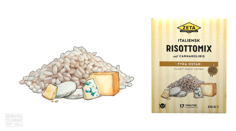 Illustration av risottoris och 4 ostar för förpackning. Mozzarella, cheddar, brie.