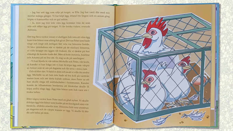 Ett uppslag i barnboken Hållbara Hatten. bilden visar tre hönor som sitter i bur.