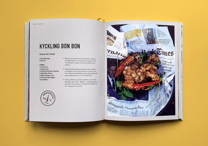 Uppslag med recept på kyckling bon bon i boken "Alla älskar grillat" av Christian Hellberg