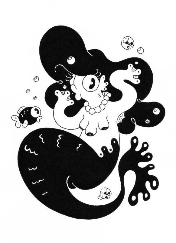 Handritad svartvit illustration av en muterad sjöjungfru ritad under Mermay