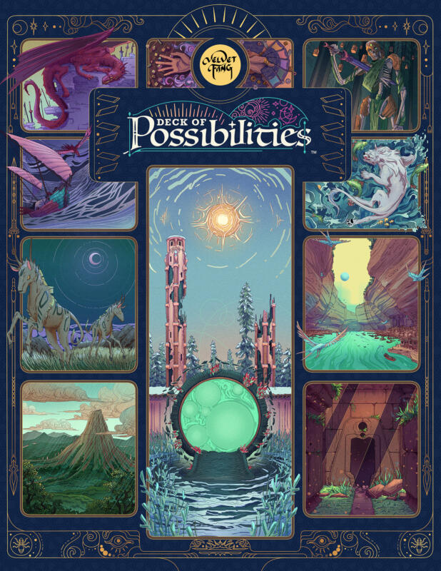 Cover for the Deck of Possibilities Content Compendium, containing multiple fantastical scenes, creatures and landscapes.