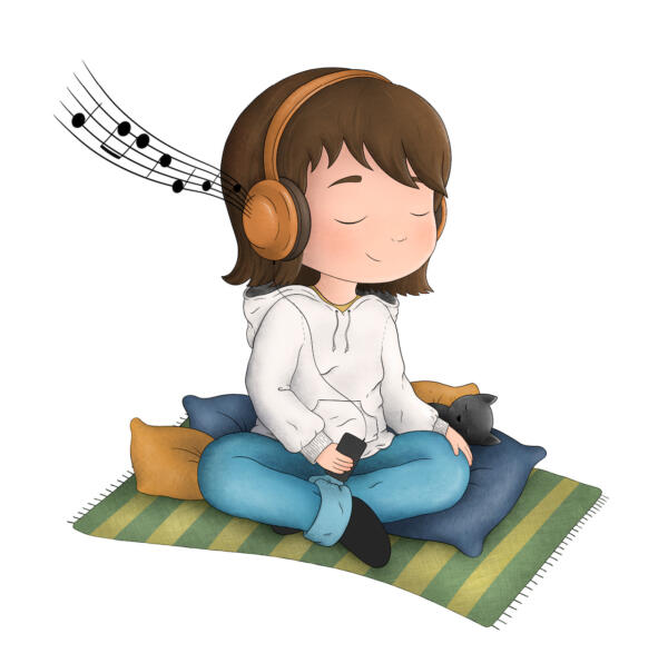 Digital barnboksillustration av en flicka som lyssnar på musik och myser med sin katt