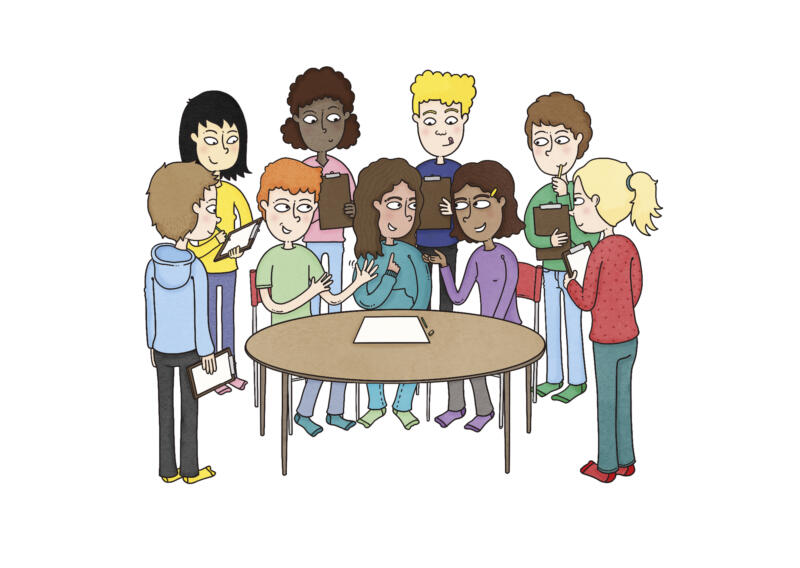 Illustration av en grupp barn som sitter och står runt ett bord.