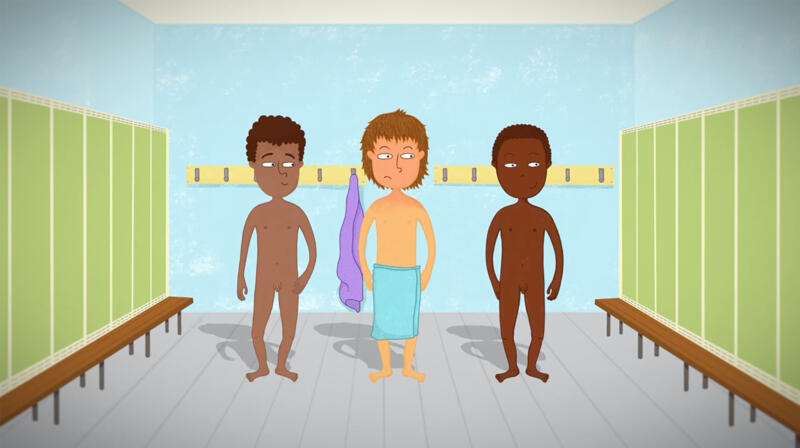 Bild ur en animerad film med tre barn i ett omklädningsrum.