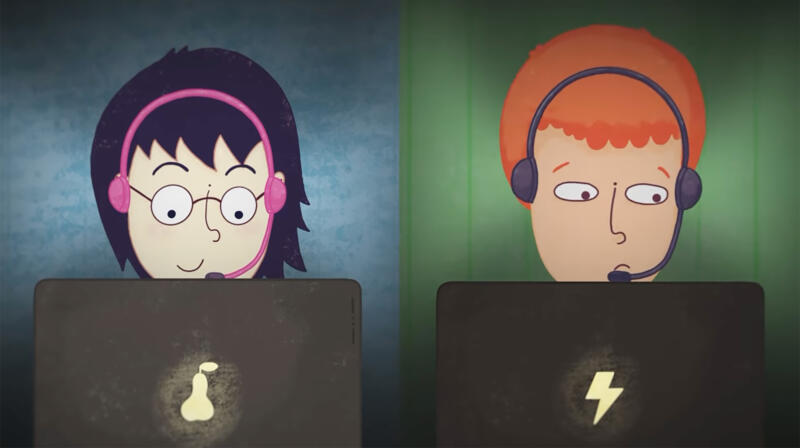 Bild från animerad film föreställande två barn framför datorer.