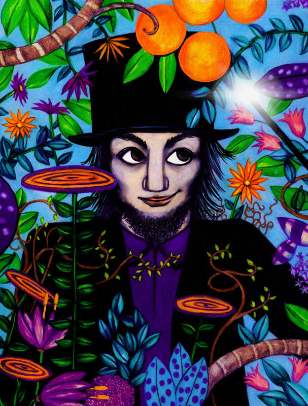 Illustration av trollkarl i trollerivärld. Tecknad med färgpennor av Hedvig Wisselgren.