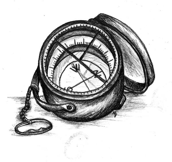Äldre kompass tecknad i blyerts