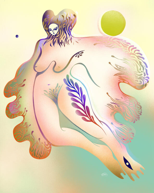 Illustration föreställande en flygande sagofigur med feminin kropp i ljus och jordnära färgskala.