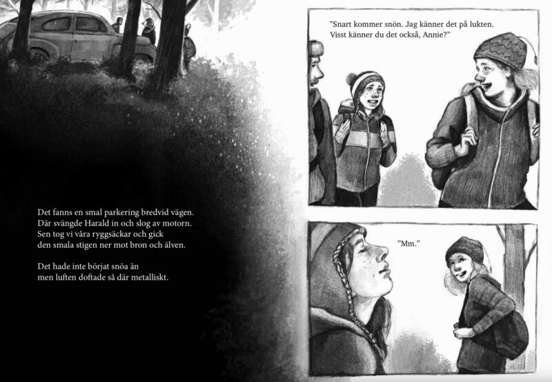 Illustrationer till grafiska romanen Odjuren, av Kerstin Lundberg Hahn och Elisabeth Widmark 