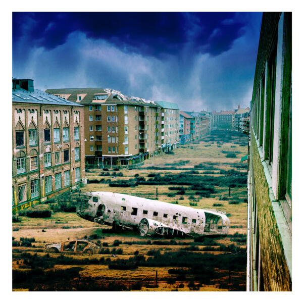 This is a photo composite created for an album cover. The subject depicts a post-apocalyptic Bergsgatan in central Malmö.