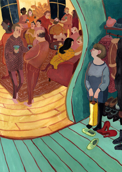 Illustration på temat blyghet som personlighetsdrag. Bilden visar en färgglad fest där en person står och i hallen och tvekar inför att gå in.  