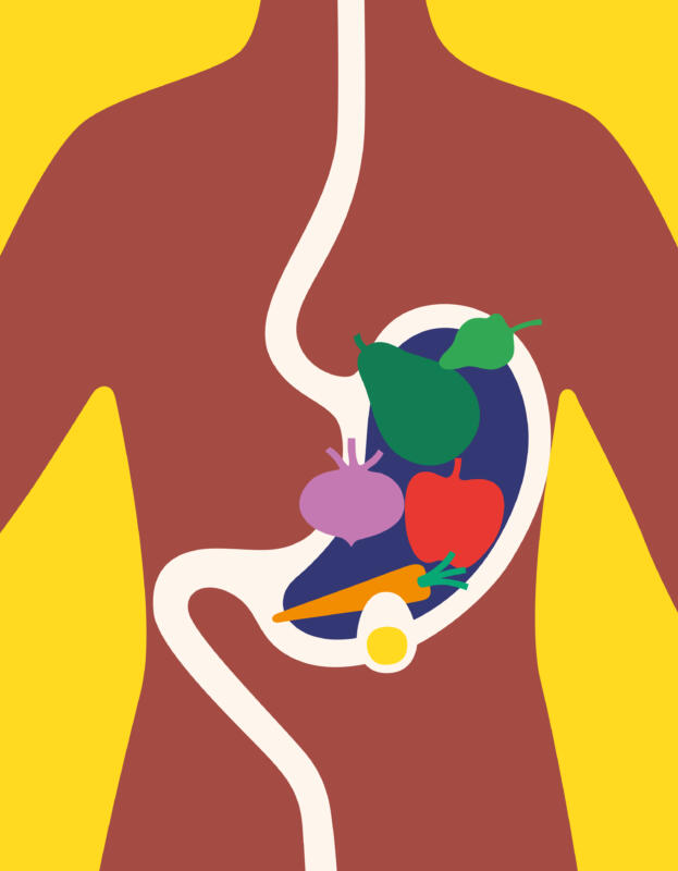 Mage och tarm inkluderat symboler på nyttig mat 