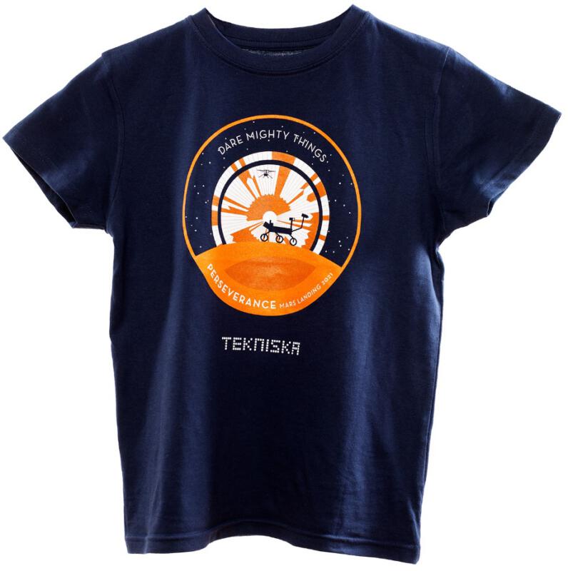 Mars Perseverance orange and white print on navy blue T-shirt. Below it is the logotype for Tekniska muséet Science Museum Stockholm