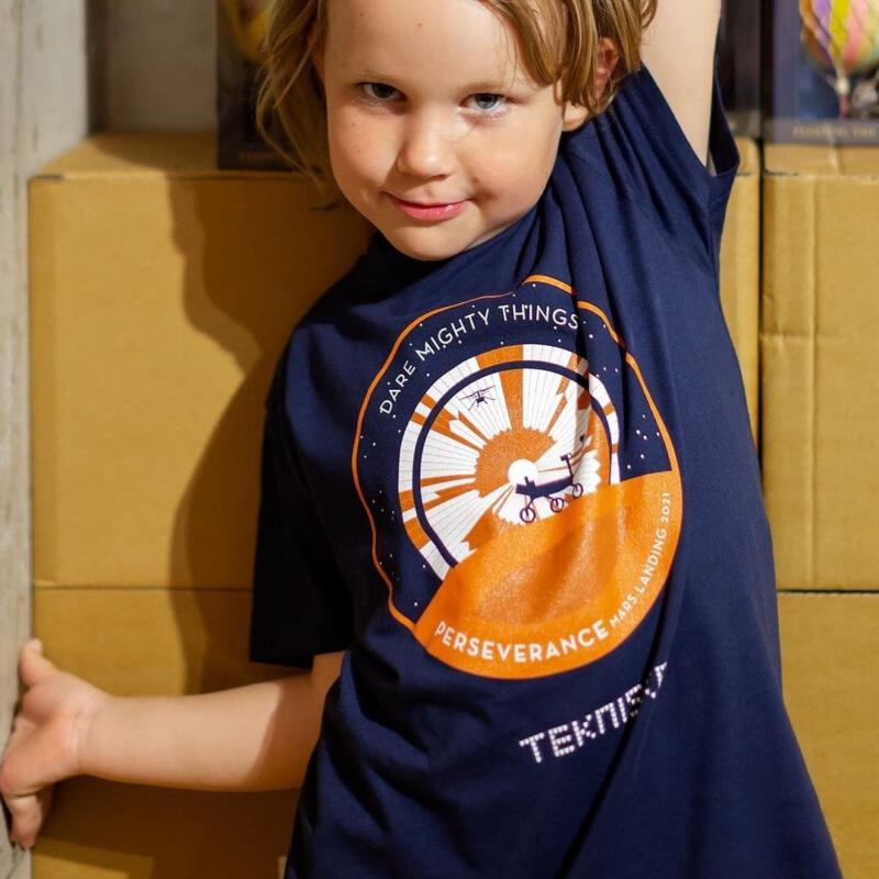 Mars Perseverance print on T-shirt with the logo for Tekniska science museum Stockholm