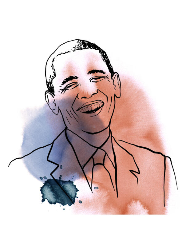 Illustration av Barack Obama, porträtt i akvarell och penna. Färgerna är röd och blå.