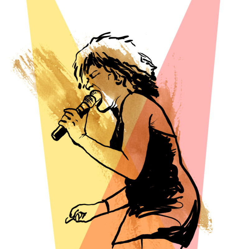 Illustration av Tina Turner, porträtt i akvarell, vector och penna. Färgerna är rosa, gult och beige.