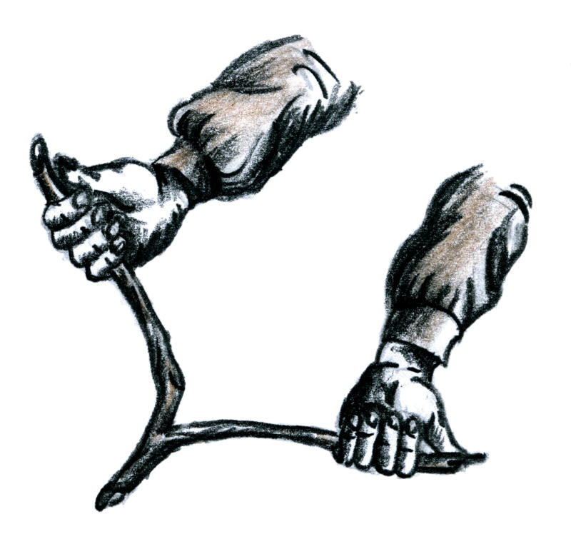 Blyertsillustration av två armar som håller i en slagruta
