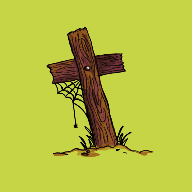 Digital illustration och enkel animation av ett brunt träkors mot grön bakgrund. På träkorset finns ett litet spindelnät och en spindel som svingandes klättrar upp och ner för tråden. 