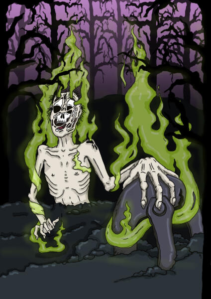 Digital illustration av en halvt begravd, väldigt mager person i en mörk skog. Personen är levande död/zombie och omringad av grön dimma. Personen håller även i en grå hjälm som också ligger delvis begravd. 