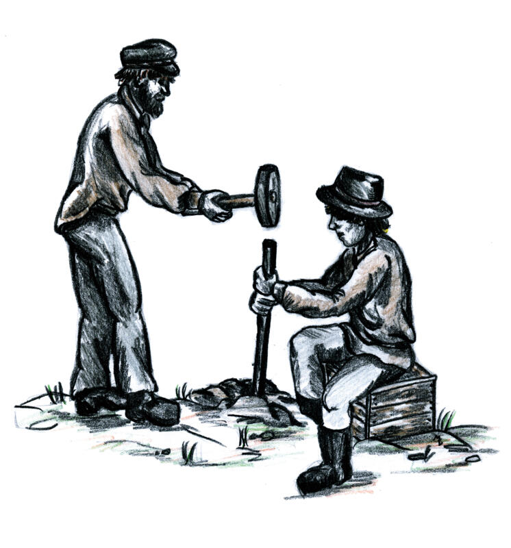 Illustration i blyerts som visar två personer som utför handborrning