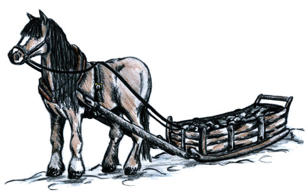 Illustration i blyers föreställande en häst som drar en kälke med sten.