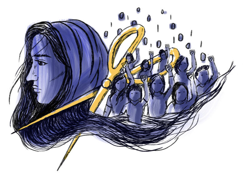 Digital illustration av kvinna i blå ton vars hår/sjal ser ut att bli klippt av en gul sax. Samt en grupp personer med upphöjda nävar. 
