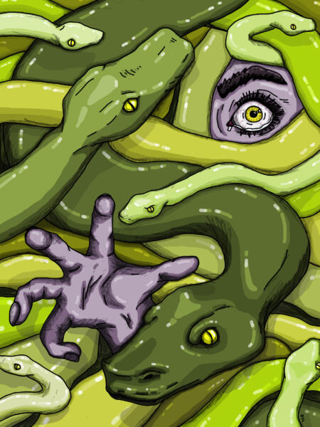 Digital illustration av rädd person med uppspärrat öga som blir begravd levande i en ormgrop fylld av ormar i gröna nyanser. Personen har en lätt lila hudton och gul ögonfärg. 