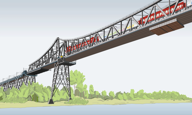 illustration över Järnvägsbron, Rendsburger Hockbrucke. Snälltåget kör över bron